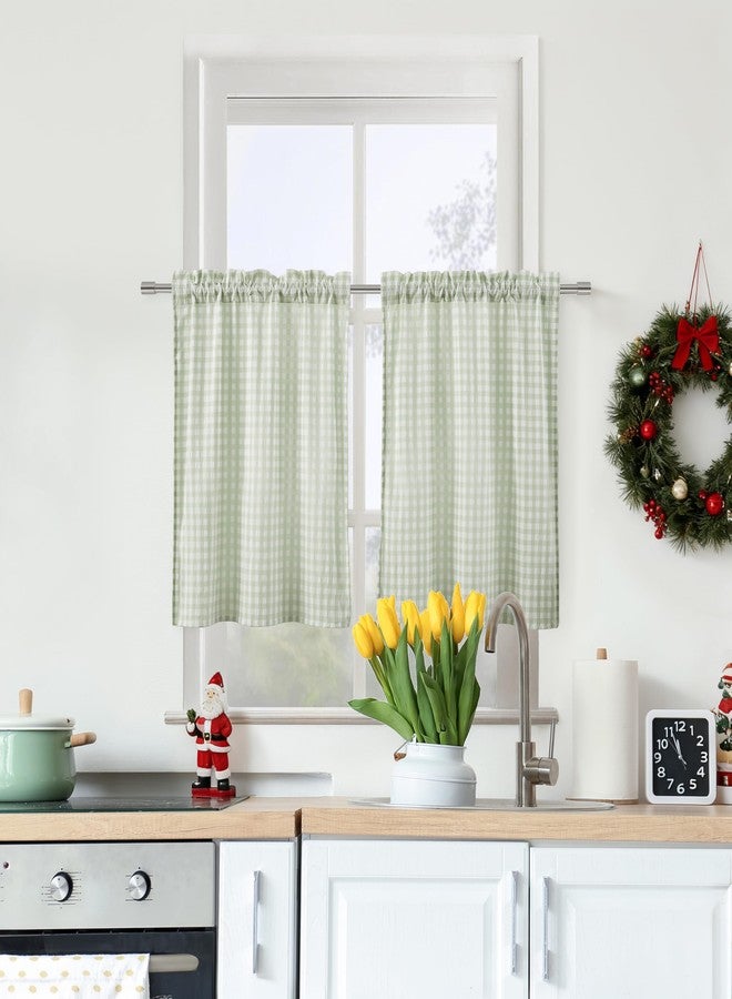 ZJDECOR Sage Green White Buffalo Plaid Tier Cafe Curtains 24 Inches Long,Gingham Crinkled Not-See-Through Sheer Kitchen Curtains,Cottage Style Window Treatment,Rod Pocket,26" Wx24 L(Pack of 2) - Image 1